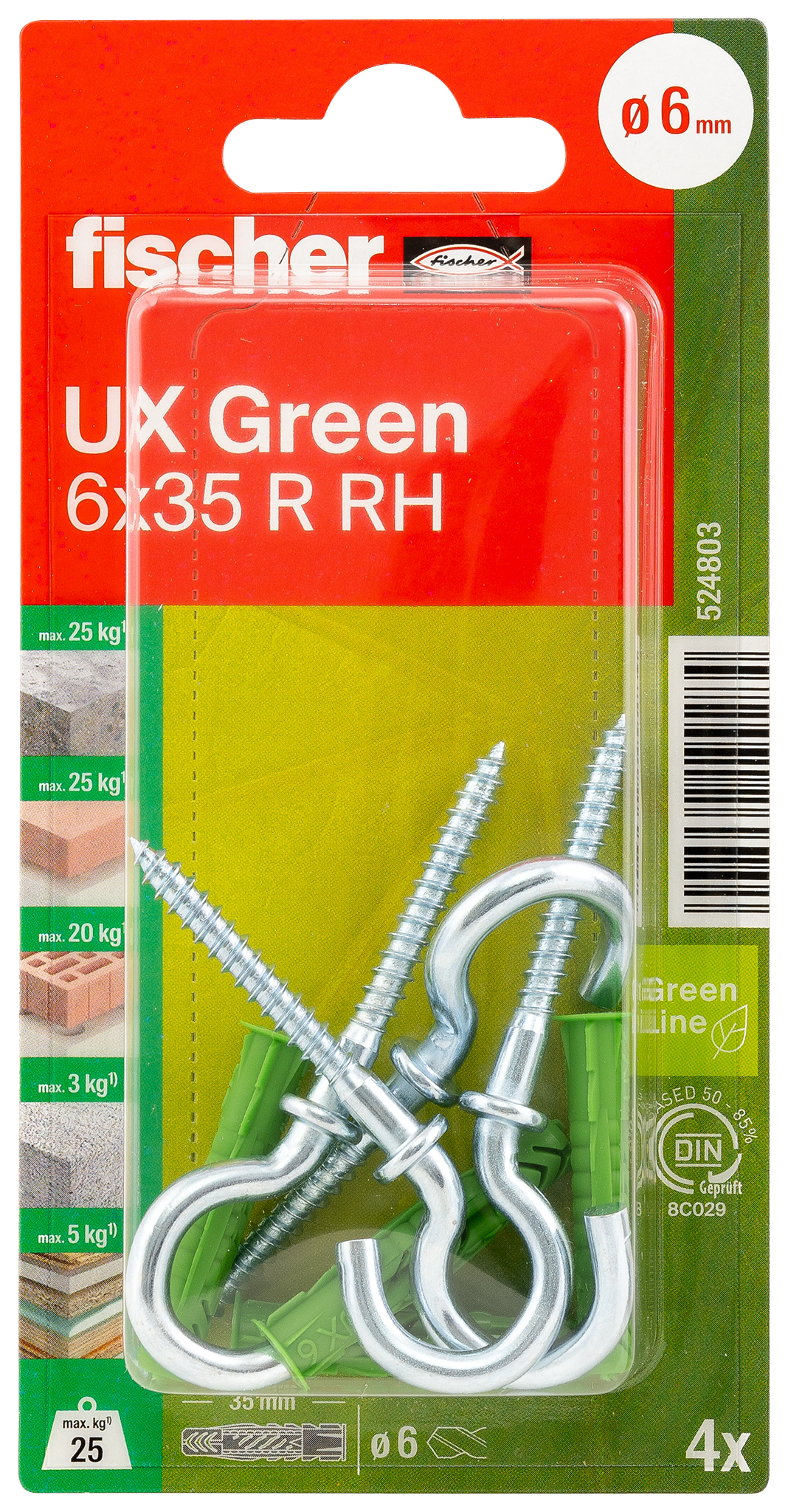fischer Universaldübel UX Green 6 x 35 R RH mit Rand und Rundhaken