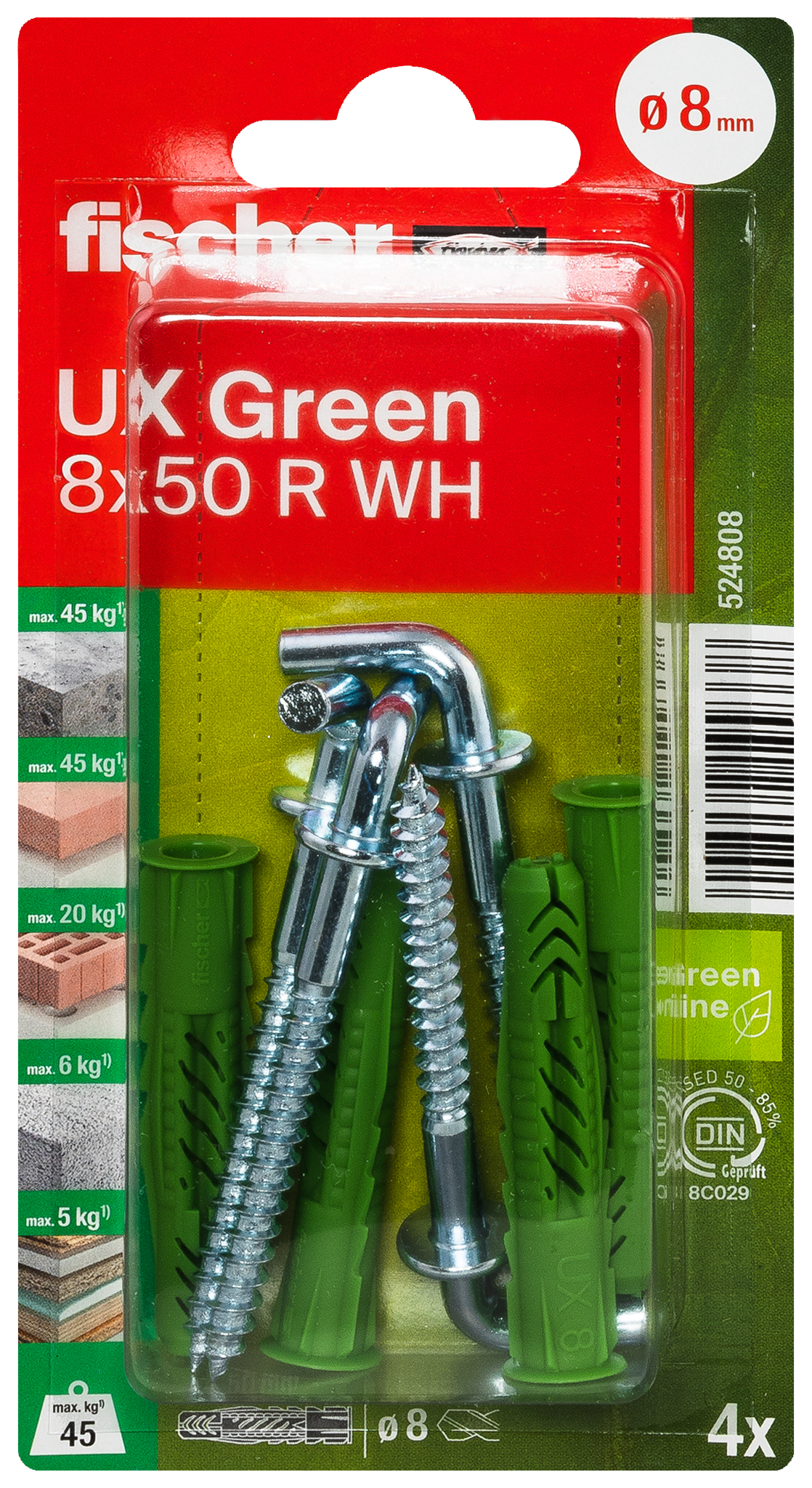 fischer Universaldübel UX Green 6 x 35 R WH mit Rand, Winkelhaken