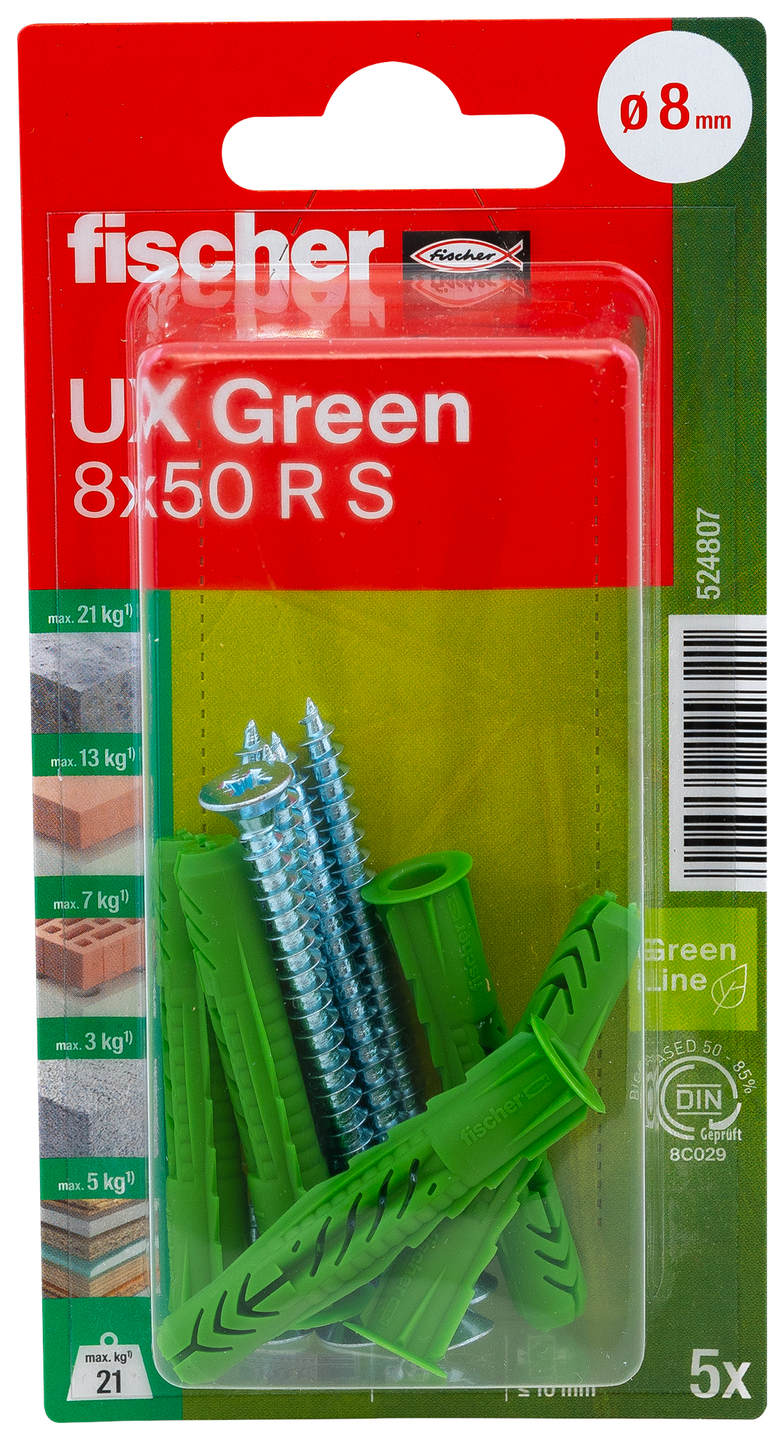 fischer Universaldübel UX Green 8 x 50 R S mit Rand und Schraube
